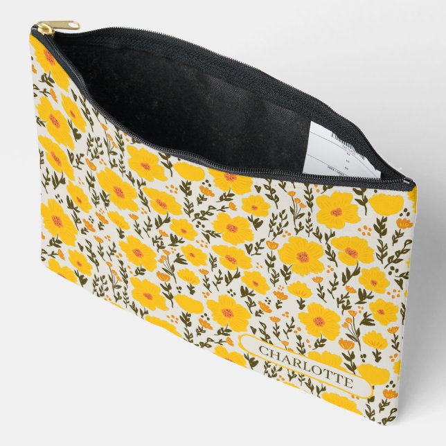 Blooming meadow yellow flowers pattern & Name Accessory Pouch (Open)