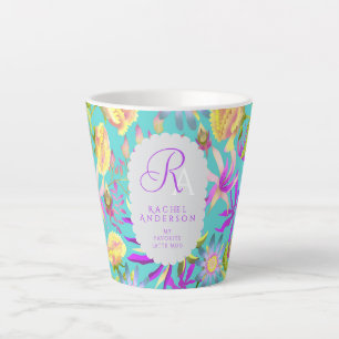 Blooming Mystical Floral Monogram Teal Latte Mug
