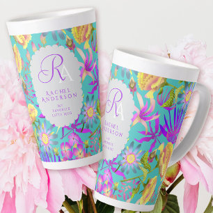 Blooming Mystical Floral Monogram Teal Latte Mug