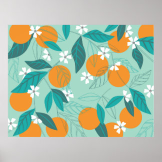 Blooming oranges in leaves. illustration poster