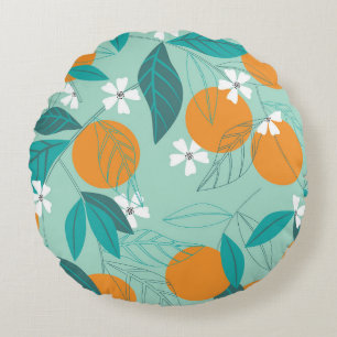 Blooming oranges, leaves, vintage art. round cushion