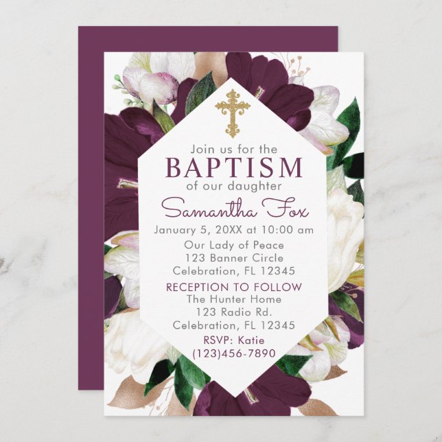 Blooming Orchids Floral Girl Baptism Invitation (Front/Back)