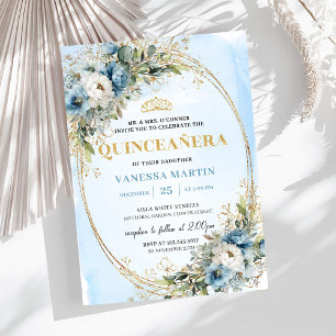 Blooming Pastel Blue Gold Eucalyptus Quinceañera Invitation