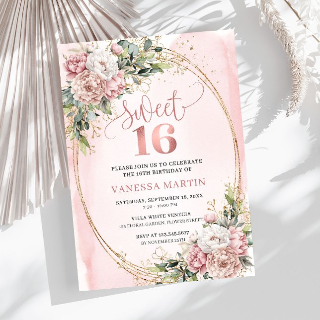Blooming Pastel Pink Flowers Eucalyptus 16th Bday Invitation (Blooming Pastel Pink Flowers Eucalyptus 16th Birthday Invite

)