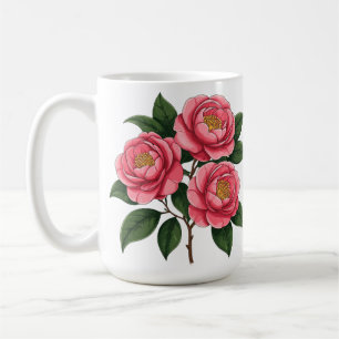 Blooming Pink Camellia Flowers With Green Leaves Coffee Mug