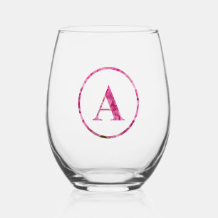 Blooming Pink Floral Monogram Lettering Art "A" Stemless Wine Glass