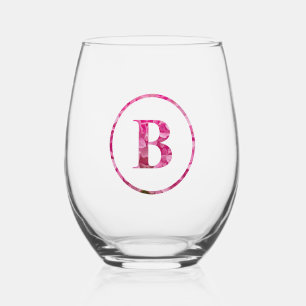 Blooming Pink Floral Monogram Lettering Art "B" Stemless Wine Glass
