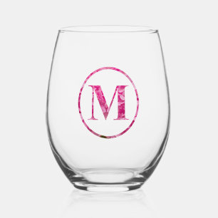Blooming Pink Floral Monogram Lettering Art "M" Stemless Wine Glass
