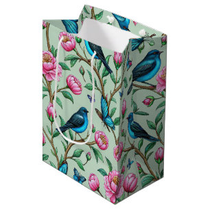 Blooming Pink Flowers Songbirds Green Leaves Mint Medium Gift Bag