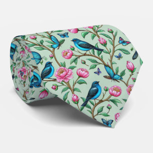 Blooming Pink Flowers Songbirds Green Leaves Mint Tie