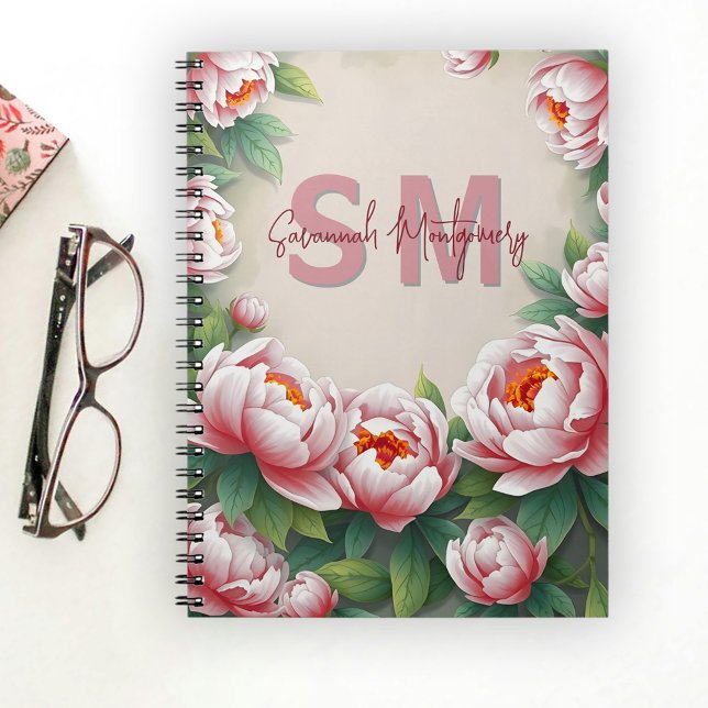 Blooming Pink Peony Flowers and Lush Green Leaves Notebook (Creator Uploaded)