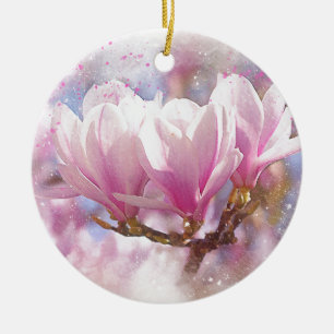 Blooming Pink Purple Magnolia - Spring Flower Ceramic Ornament