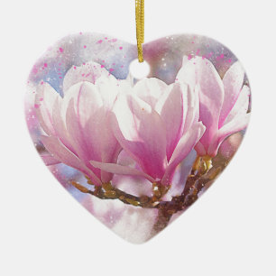 Blooming Pink Purple Magnolia - Spring Flower Ceramic Ornament