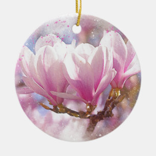 Blooming Pink Purple Magnolia - Spring Flower Ceramic Ornament