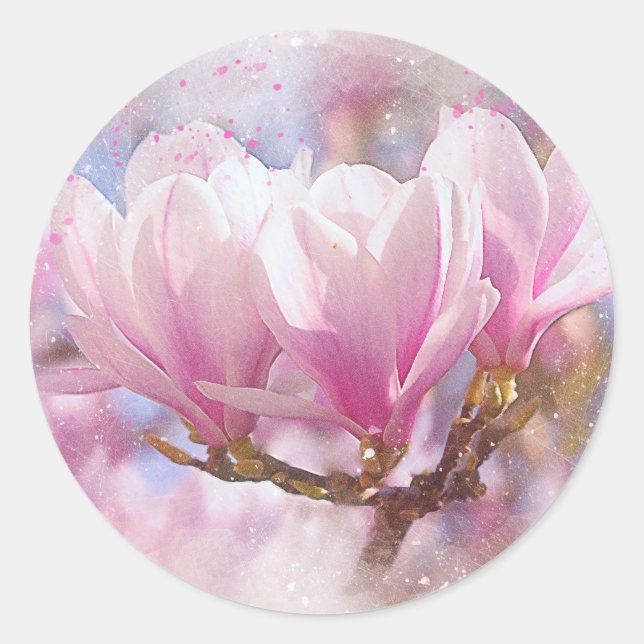 Blooming Pink Purple Magnolia - Spring Flower Classic Round Sticker (Front)