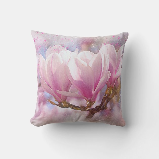 Blooming Pink Purple Magnolia - Spring Flower Cushion (Front)