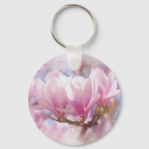 Blooming Pink Purple Magnolia - Spring Flower Key Ring