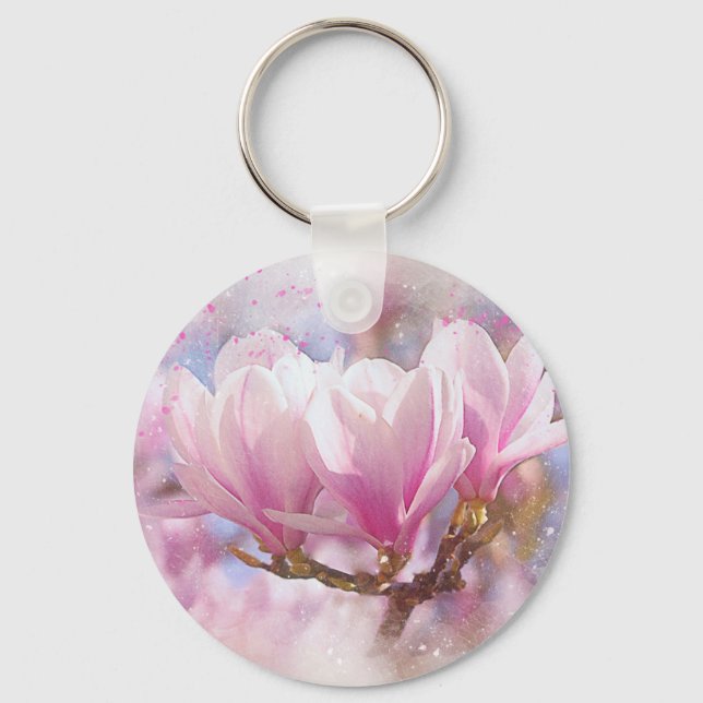 Blooming Pink Purple Magnolia - Spring Flower Key Ring (Front)