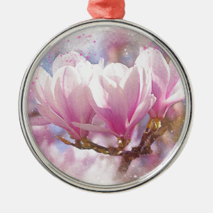 Blooming Pink Purple Magnolia - Spring Flower Metal Ornament