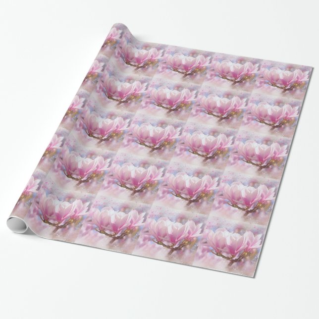 Blooming Pink Purple Magnolia - Spring Flower Wrapping Paper (Unrolled)