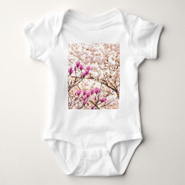 Blooming Pink Purple Magnolias Spring Flower Baby Bodysuit (Front)