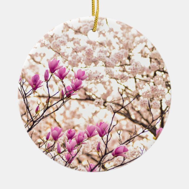 Blooming Pink Purple Magnolias Spring Flower Ceramic Ornament (Front)