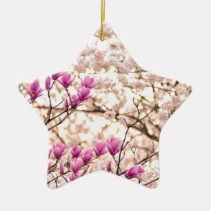 Blooming Pink Purple Magnolias Spring Flower Ceramic Ornament
