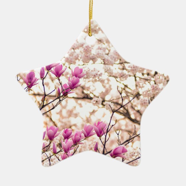 Blooming Pink Purple Magnolias Spring Flower Ceramic Ornament (Front)