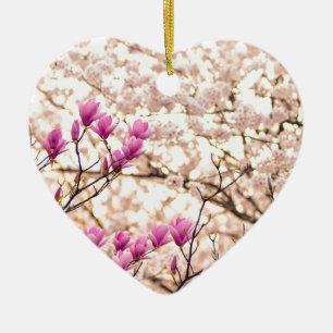 Blooming Pink Purple Magnolias Spring Flower Ceramic Ornament