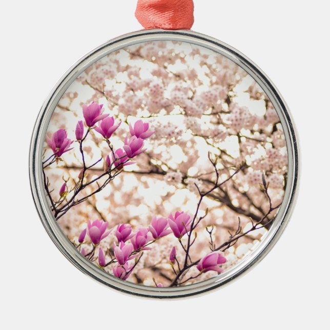Blooming Pink Purple Magnolias Spring Flower Metal Ornament (Front)