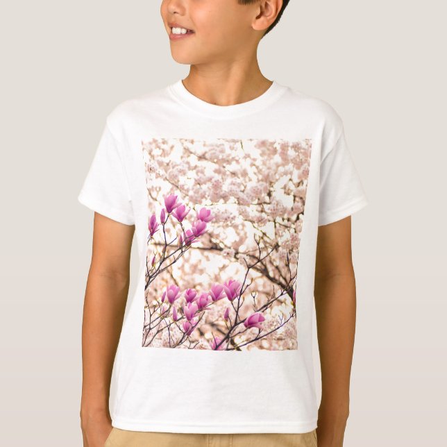 Blooming Pink Purple Magnolias Spring Flower T-Shirt (Front)