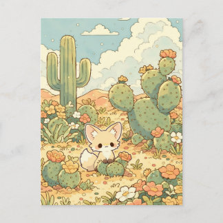 Blooming Prickly Pear Kawaii Fennec Fox Postcard