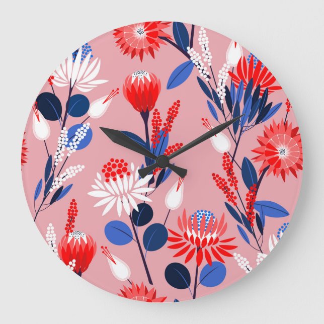 Blooming Protea: Botanical Garden Pattern Large Clock (Front)