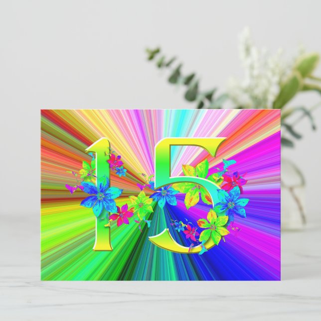 Blooming Rainbow Flowers for 15th Birthday Card (Standing Front)