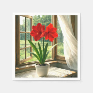 Blooming Red Amaryllis in Sunny Window Napkin