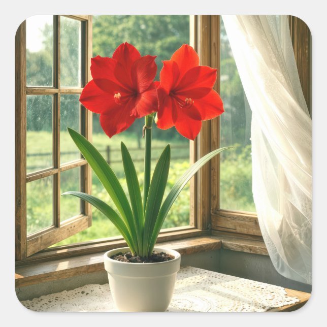 Blooming Red Amaryllis in Sunny Window Square Sticker (Front)