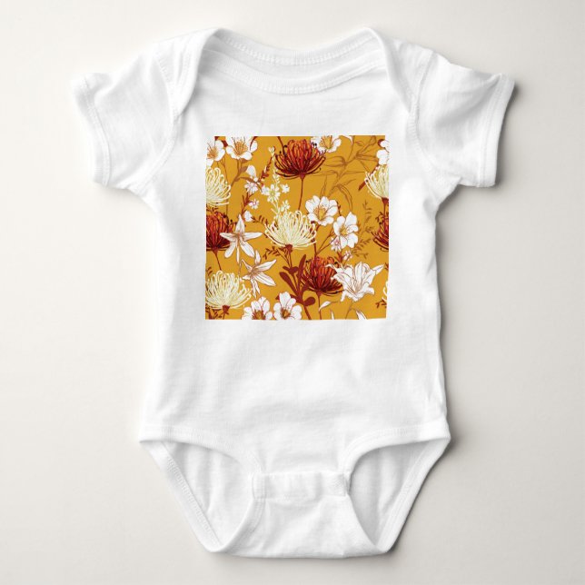 Blooming Retro: Unfinished Floral Line Art Baby Bodysuit (Front)