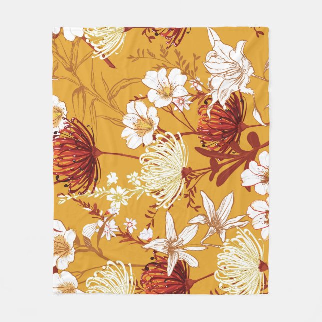 Blooming Retro: Unfinished Floral Line Art Fleece Blanket (Front)