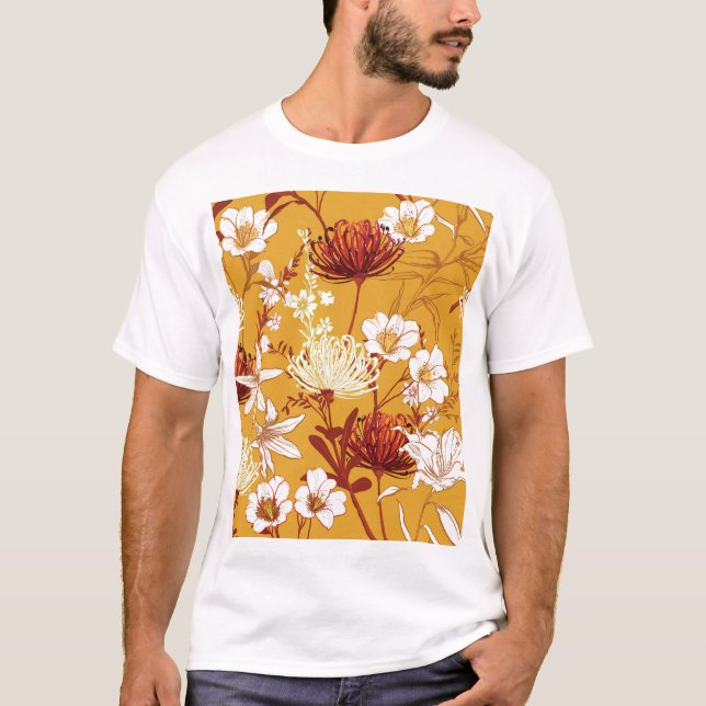 Blooming Retro: Unfinished Floral Line Art T-Shirt (Front)