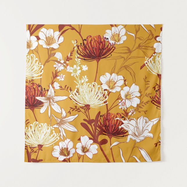 Blooming Retro: Unfinished Floral Line Art Tapestry (Front)