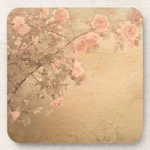 Blooming Rose Branch Pink Gold Vintage Coaster
