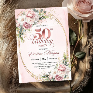 Blooming Rose Gold Eucalyptus 50th Birthday Party Invitation