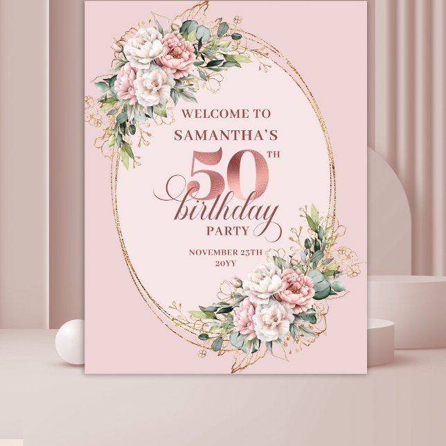 Blooming Rose Gold Pastel Pink 50th Birthday Banne Tapestry (Blooming Rose Gold Pastel Pink 50th Birthday Backdrop Banner

)