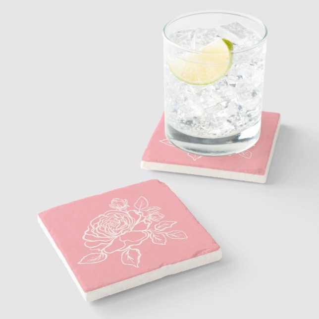 Blooming Rose Sketch Custom Background Colours  Stone Coaster (Side)