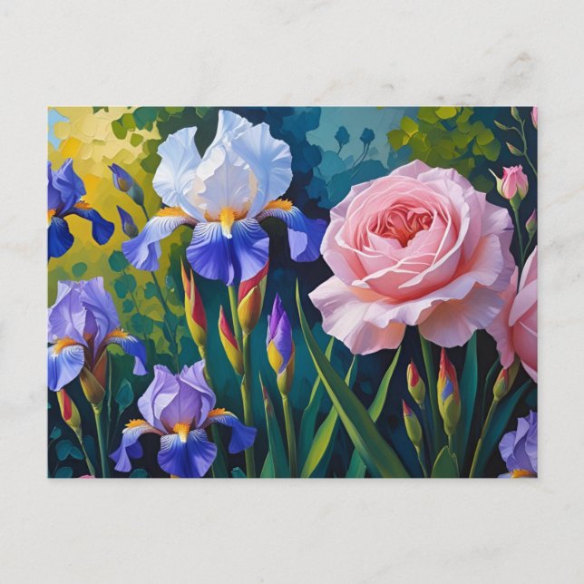 Blooming Roses and Purle Iris Flowers  Holiday Postcard (Front)