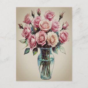 Blooming Roses Flowers Bouquet Vase Drawing Art Holiday Postcard
