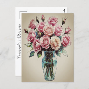 Blooming Roses Flowers Bouquet Vase Drawing Art Postcard