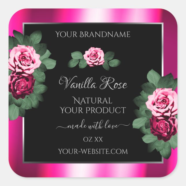 Blooming Roses Pink Black Product Packaging Labels (Front)