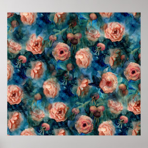 Blooming Roses Watercolor Seamless Pattern Poster
