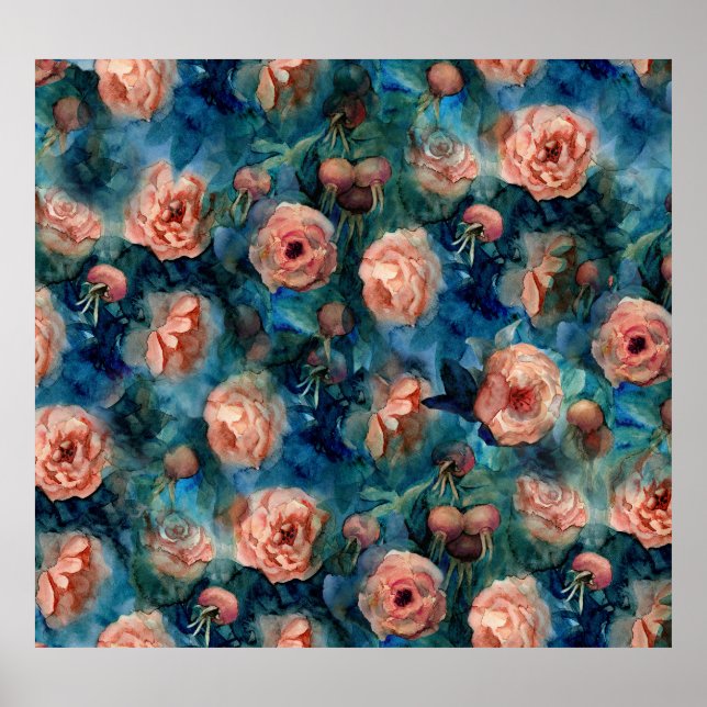 Blooming Roses Watercolor Seamless Pattern Poster (Front)